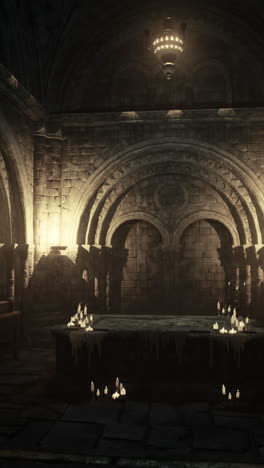 mystical underground chamber illuminated by candles and lanterns