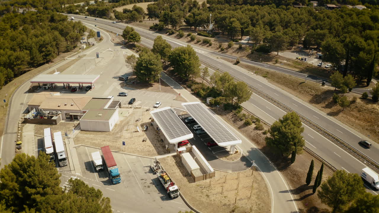 Highway Rest Area with Gas Station and Solar Panels