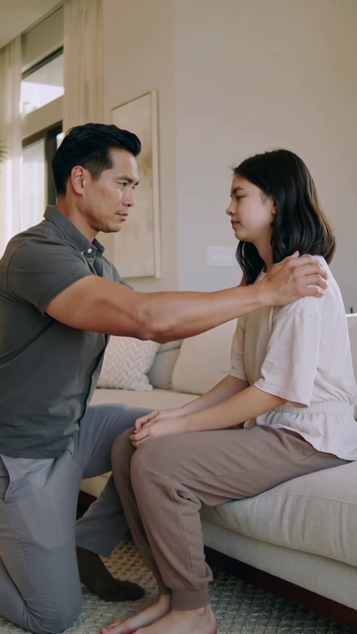 Video Vertikal: Melihat Gadis Terkulai, Ayah Berlutut di Samping Sofa Meletakkan Tangan, Mengangkat untuk Menenangkan dengan Kaus Polo