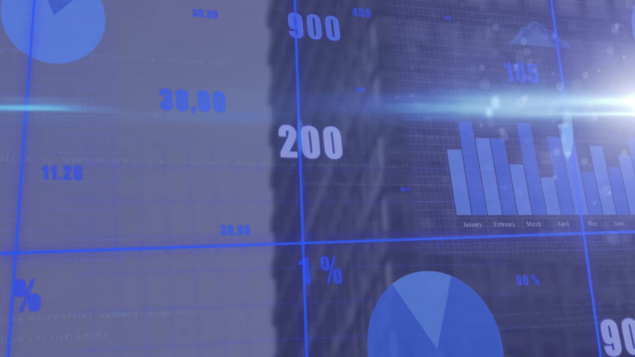 animación del procesamiento de datos estadísticos y punto de luz azul contra la vista aérea de un edificio alto.