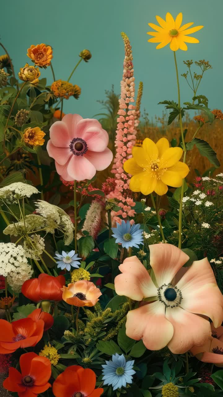 Vibrant floral arrangement shot from a low angle, showcasing diverse blooms against a teal backdrop