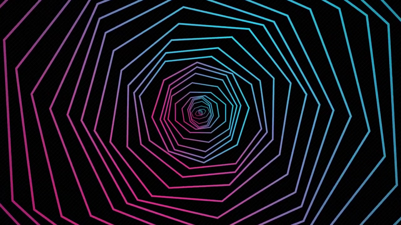 Tunnel astratto di forme geometriche al neon rotanti