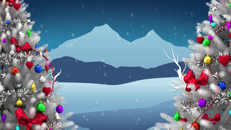 Animation-of-snow-falling-over-christmas-trees-and-decorations