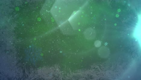 fly white snowflake and glitters on green background