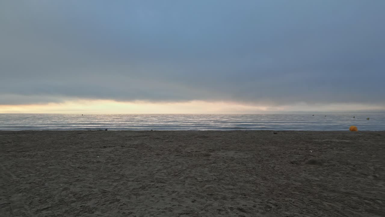 Bevæger sig sidelæns på en øde strand ved solopgang, hvor man kan se sandkonstruktioner og tørre grene.