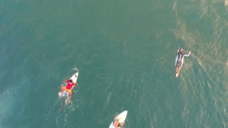 aerial view of surfers on surfboards in rough sea 1