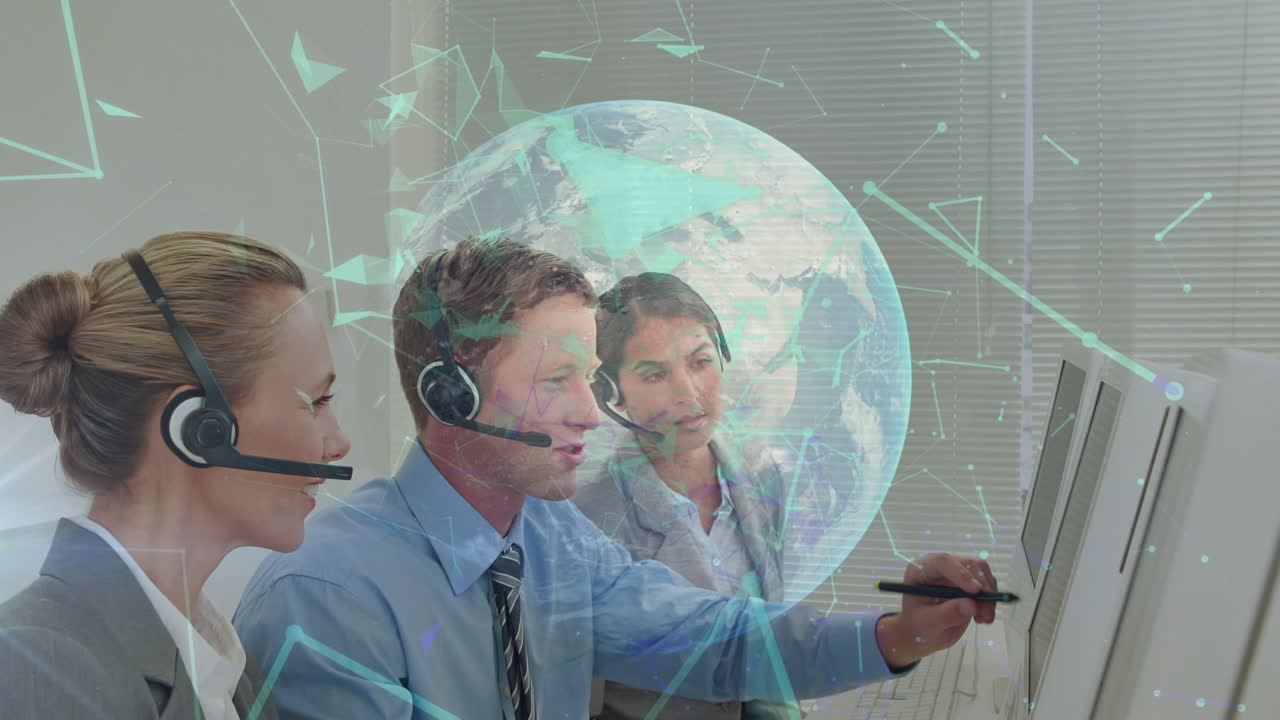 전화 헤드 ⁇ 을 사용하는 다양한 비즈니스 사람들에 대한 전 세계와 연결의 애니메이션