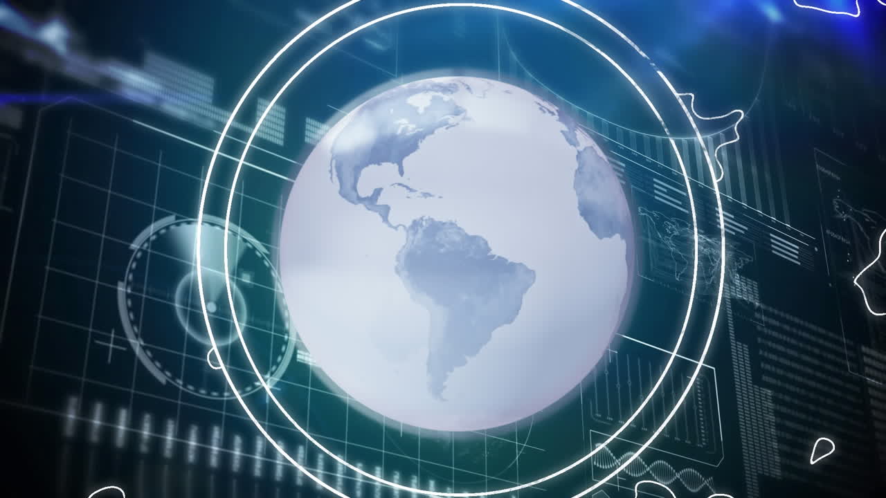 Globe spinning over computer interface with data processing against blue background