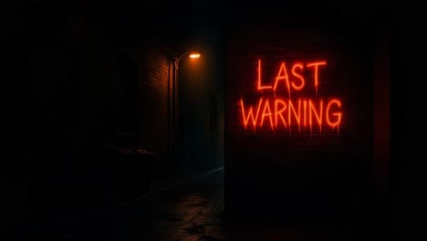 neon sign reading "last warning" illuminating dark alleyway with atmospheric lighting effects