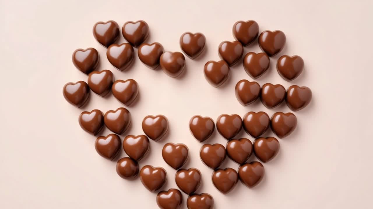 Chocolate heart shaped candies arranged to form a larger heart on a pink background, creating a romantic and delicious vibe for Valentine's Day or any love celebration