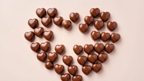chocolate heart shaped candies arranged to form a larger heart on a pink background, creating a romantic and delicious vibe for valentine's day or any love celebration
