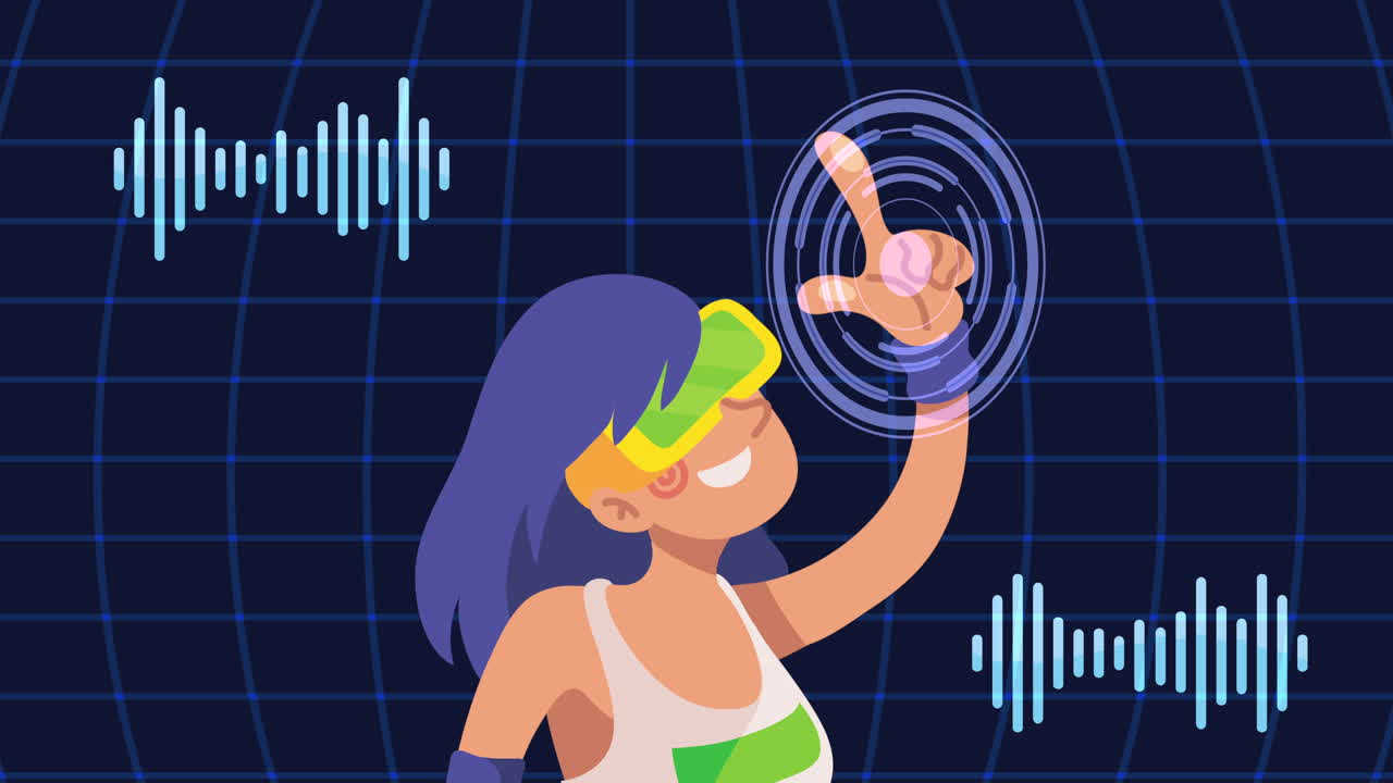 mujer en auriculares vr interactuando con una interfaz virtual