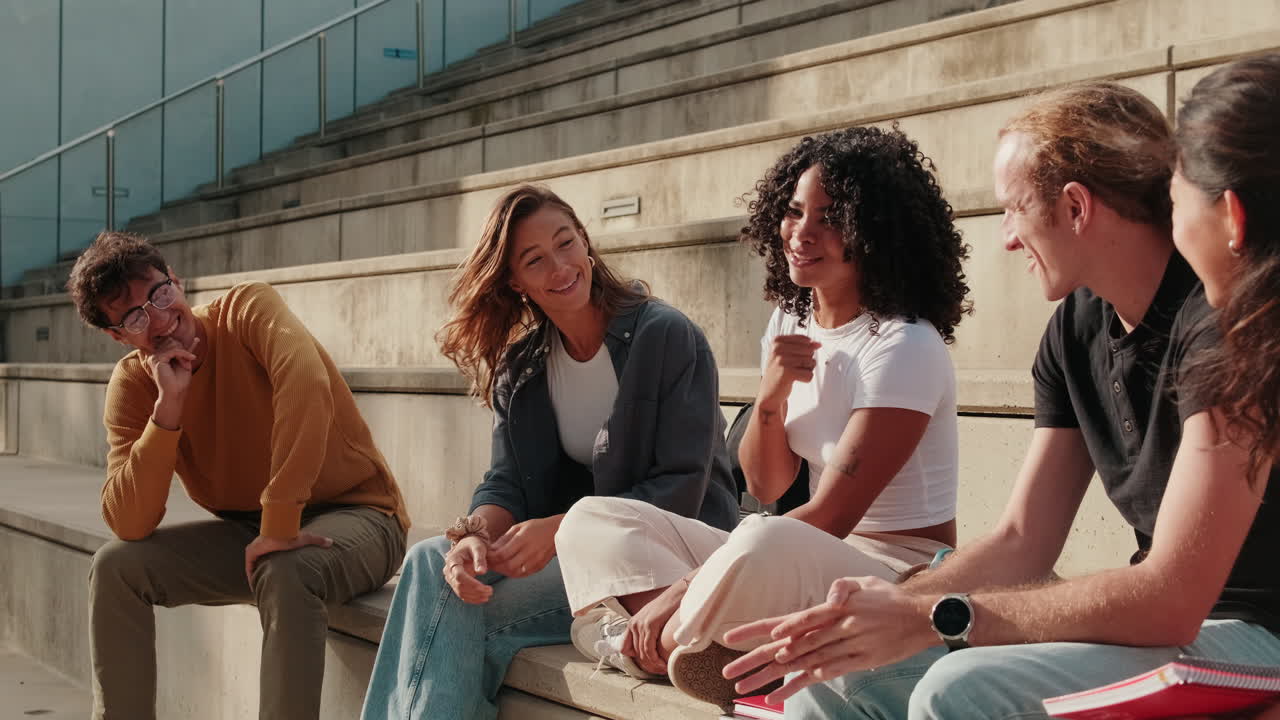Side view of millennial group of diverse young friends laughing outdoors