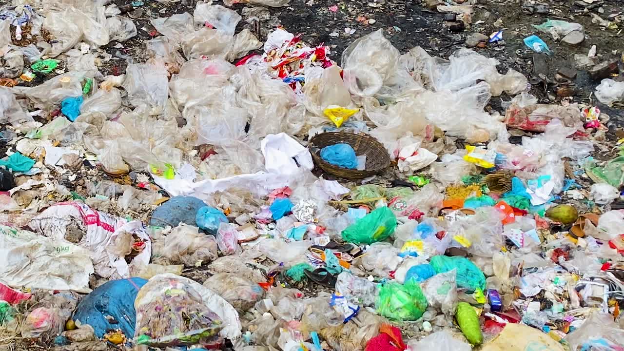 contenedor de basura lleno de piezas de plástico y orgánicas de basura