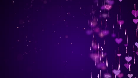 blurred animated wedding purple background with falling glitter particles and hearts. valentines day.