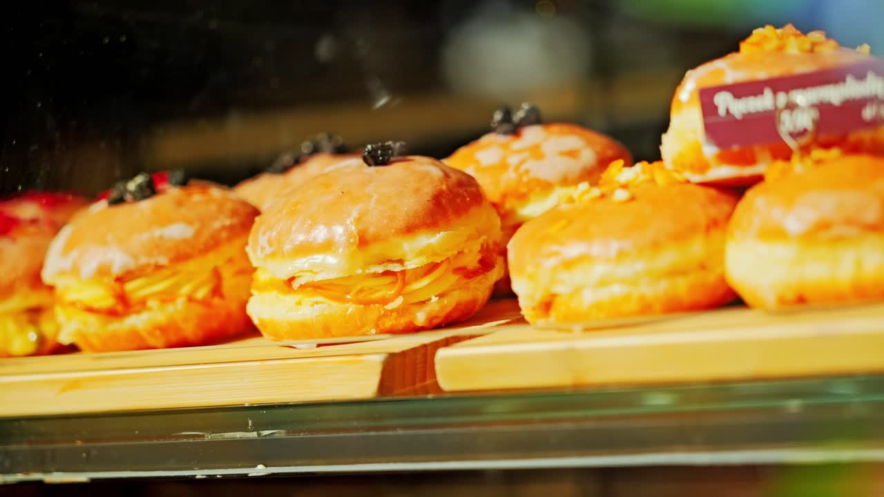Bignè freschi ripieni di crema pasticcera vellutata esposti in una pasticceria