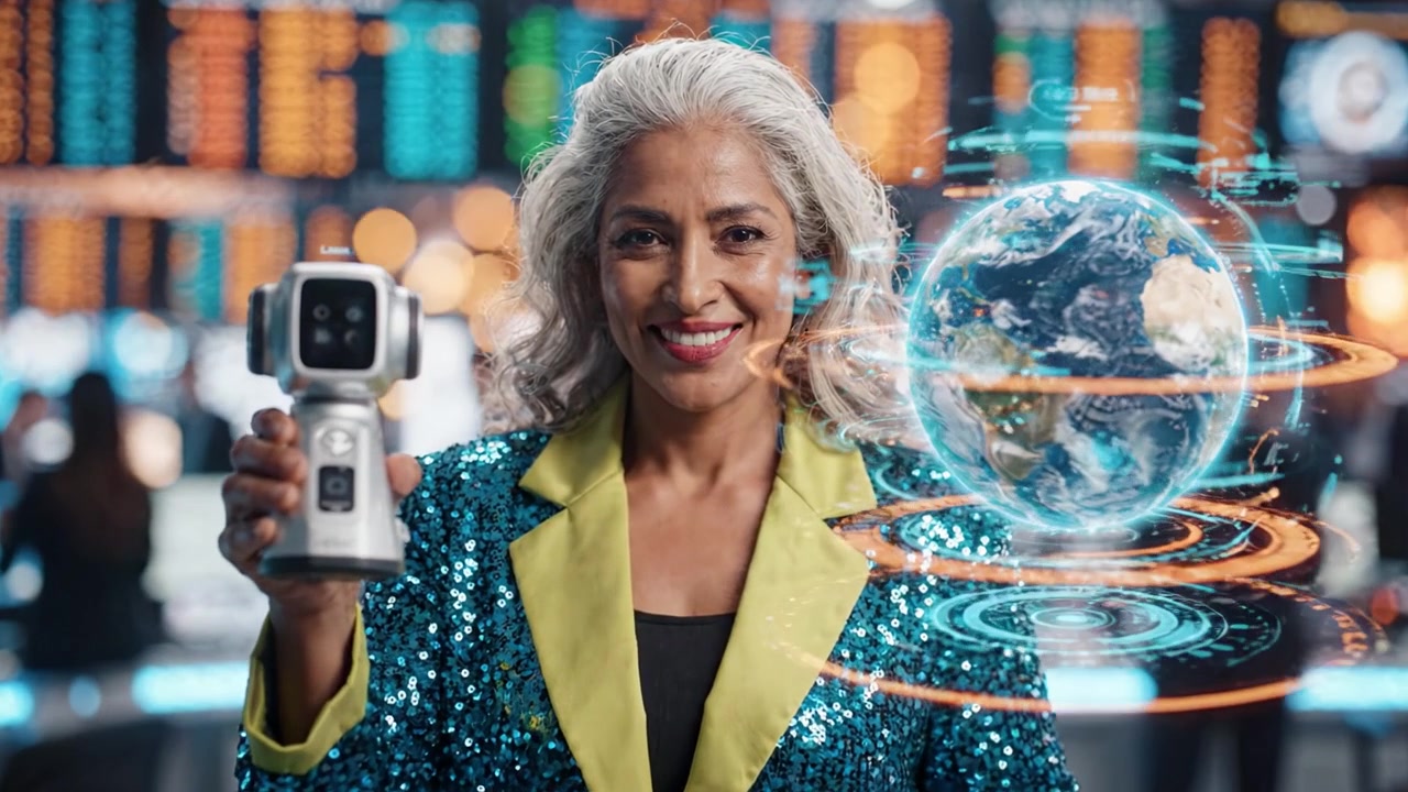 Dynamic Presentation in a Financial Hub: A Confident Professional Showcasing Advanced Technology with Global Data Visualization in a Modern Trading Environment