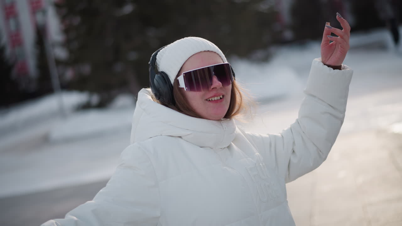 Spinning around with cheerful delight, creative soul wearing white puffer jacket, beanie, dark goggles and headphones expresses bubbling joy through fluid hand and body movement on snow urban plaza