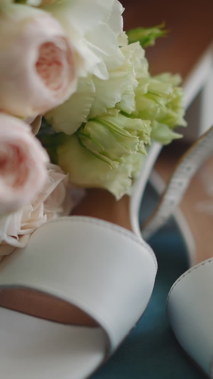 White leather peep toe shoes and elegant wedding bouquet on blue table closeup. Bridal event ceremony preparation. Fiance festive accessories set