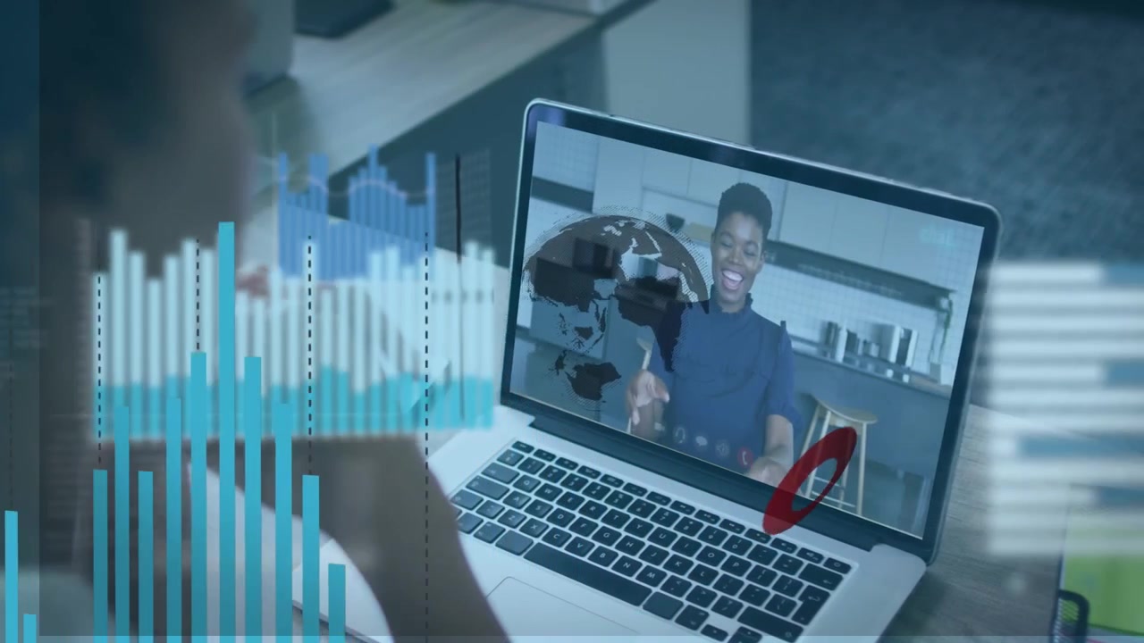 Animation of globe and financial data processing over african american woman on laptop video call