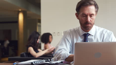 businessman using laptop in office meeting area, close up