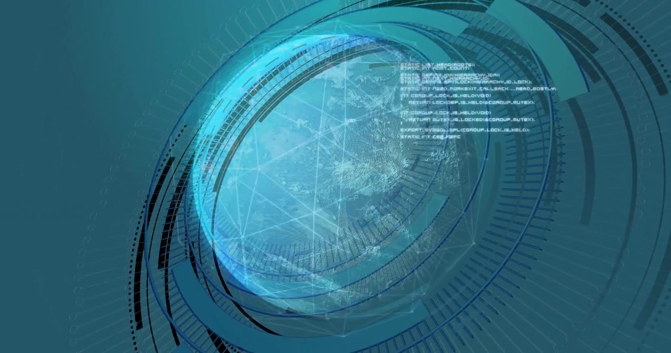 Opening Earth rotating with mesh while HUD rings forming and code text emerging visualizing data