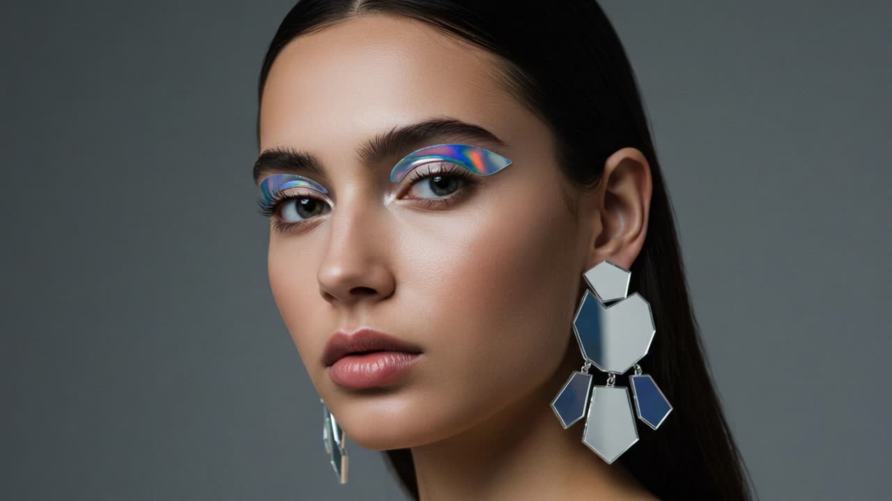 Stunning Close-Up of a Model with Bold Makeup and Statement Earrings, Showcasing Artistic Eye Design and Elegant Modern Fashion in a Studio Setting