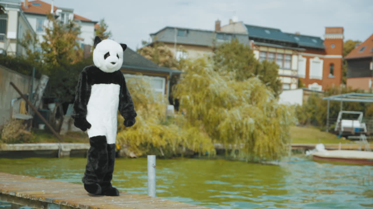 Wide shot of a guy in Panda costume working out on a pier at a lake - SLOMO
