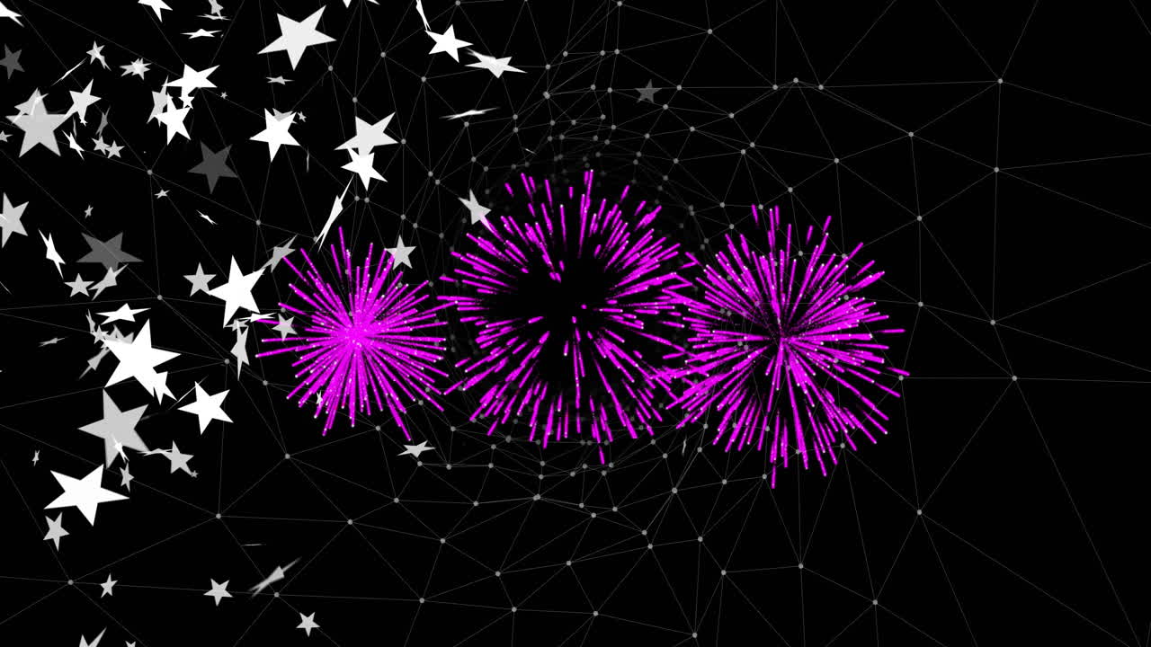 Displaying flat design data visualization mesh, featuring floating white stars and purple bursts