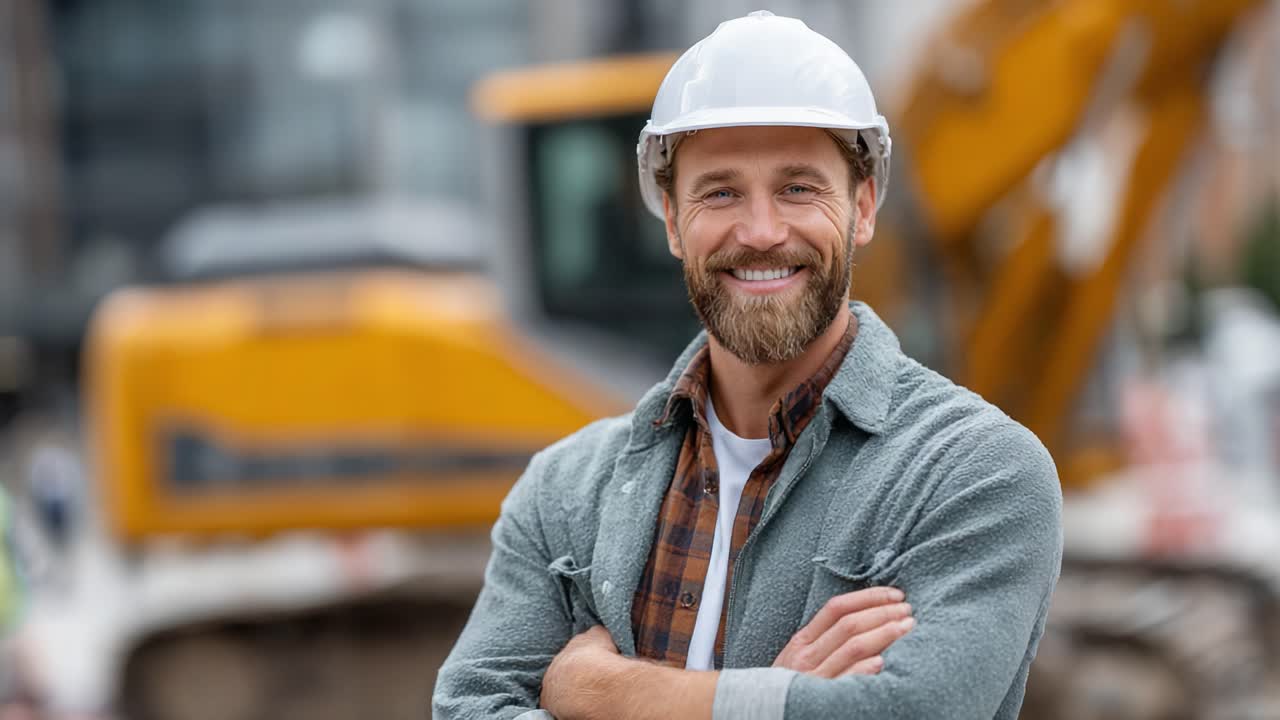 A Confident Construction Worker Smiling at the Camera with Heavy Machinery in the Background, Showcasing the Dedication and Hard Work of the Construction Industry