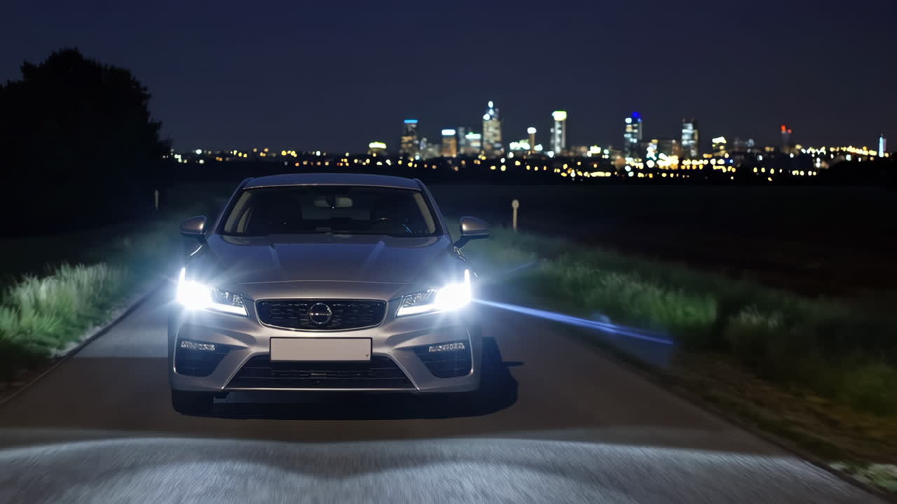 Silver Car at Night on Road with City Lights