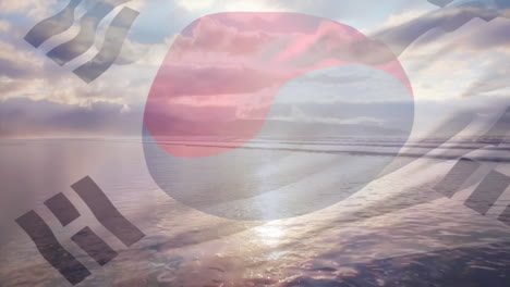 animación de la bandera de corea del sur ondeando sobre el mar y el cielo azul nublado