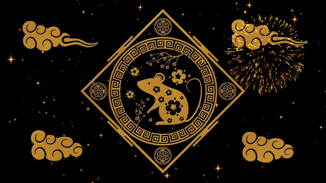 año nuevo lunar, fondo del festival de primavera con rata dorada, fuegos artificiales, estrellas relucientes. año nuevo chino telón de fondo de la noche estrellada negra para el evento de vacaciones. animación de renderización 3d. bucle sin costuras 4k video
