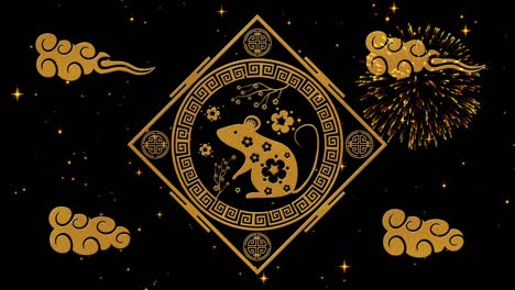 año nuevo lunar, fondo del festival de primavera con rata dorada, fuegos artificiales, estrellas relucientes. año nuevo chino telón de fondo de la noche estrellada negra para el evento de vacaciones. animación de renderización 3d. bucle sin costuras 4k video