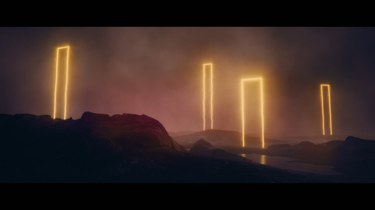 Rocky landscape with huge pink light portal structures