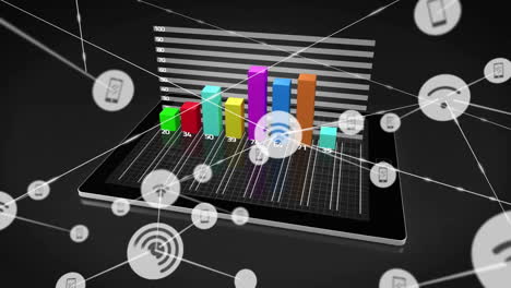 bar chart with colorful bars and connectivity icons animation over tablet