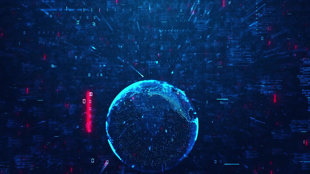 Futuristic earth code grid background glowing blue planet hex patterns and scattered digital symbols
