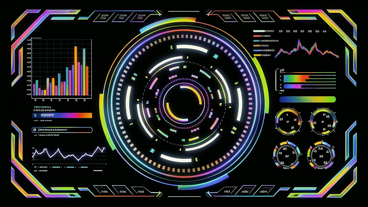 Futuristic HUD Display with Animated Data and Colorful Graphics