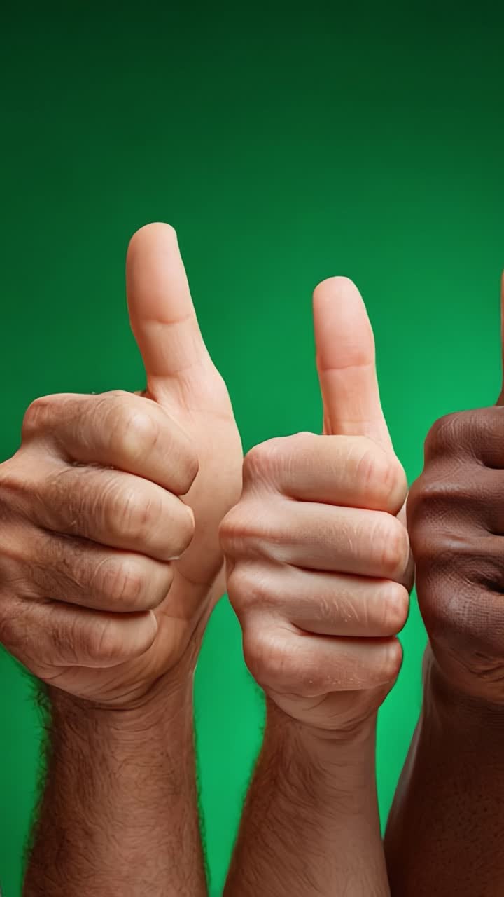 Una dimostrazione vivace di unità e positività: mani che fanno il pollice in su su sfondo verde, celebrando l'accordo e le vibrazioni positive