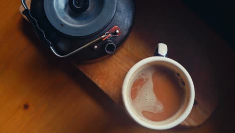 hot coffee and kettle - top view