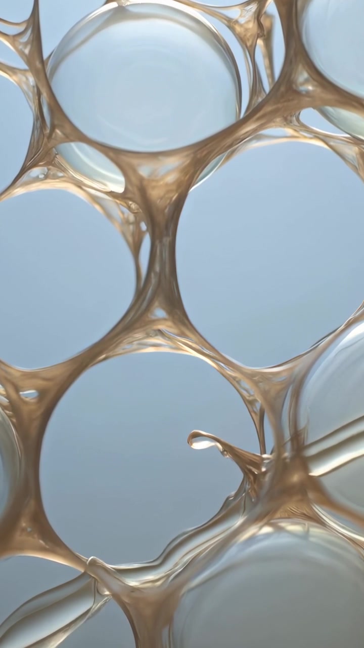 Video verticale: Una goccia che si forma in basso a destra creando bolle, pellicole ambra che si tendono allentando la tensione nell'impianto.