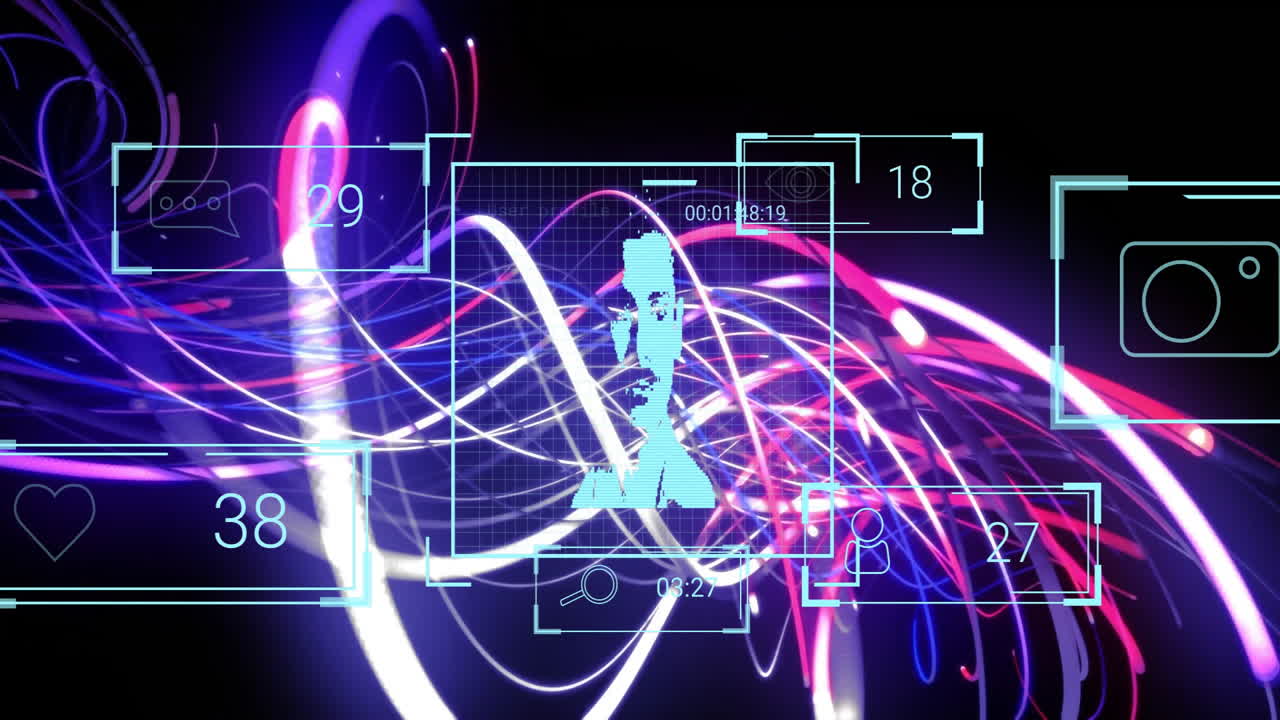 Pixelated cyan silhouette floating in cyberspace, glowing with neon holographic interface elements