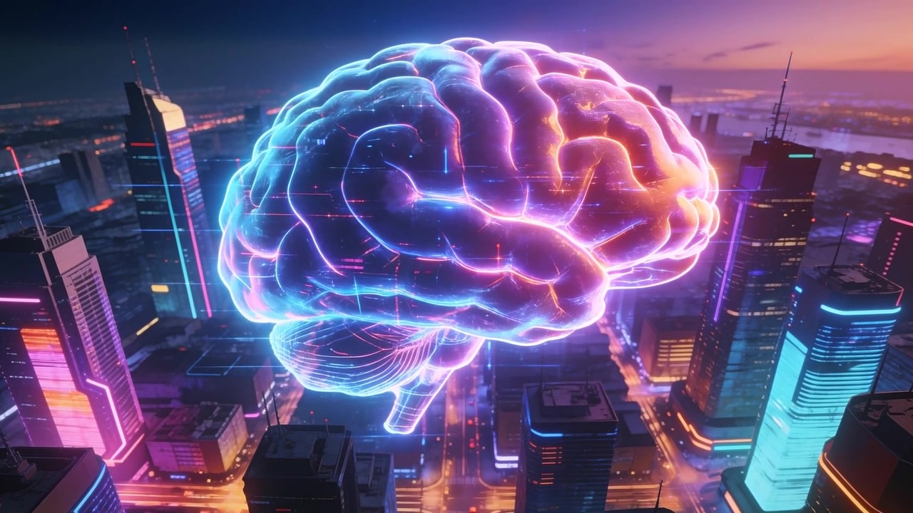 Camera revealing holographic brain pulsing and rotating above downtown, sending network signals
