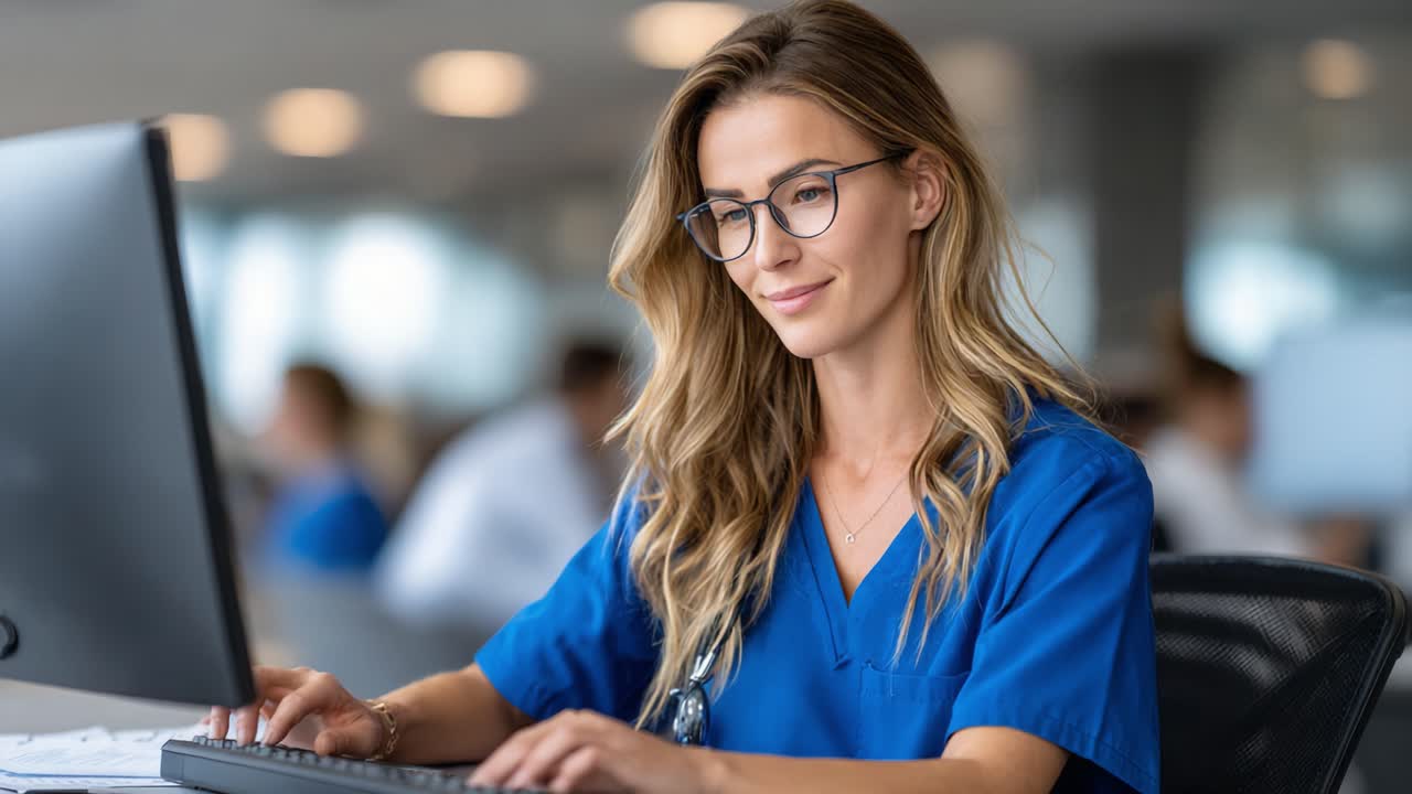 A Dedicated Healthcare Professional Focuses on Patient Care: Captured Moments of a Compassionate Medical Worker Utilizing Technology Efficiently in a Modern Office