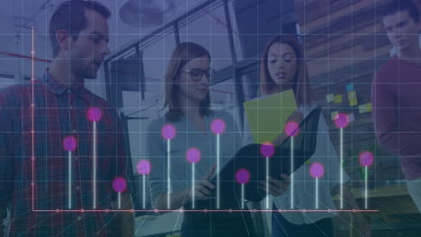 Animating-graph-with-pink-data-points,-diverse-business-team-discussing-documents