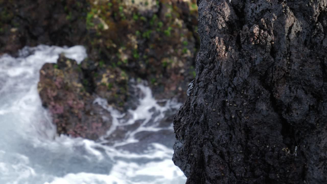 Primo piano di rocce sulla costa mentre il mare si infrange contro di esse