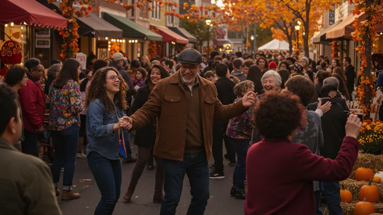 Lively Autumn Street Festival with People Dancing