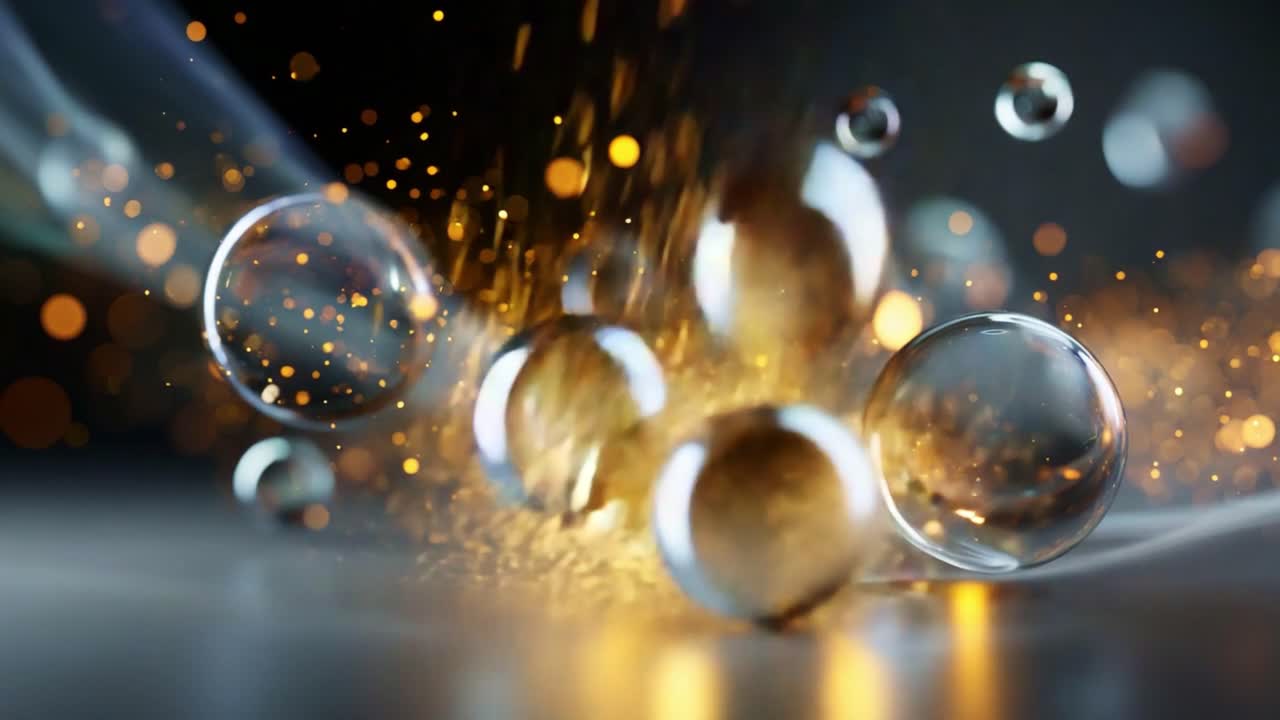 A Mesmerizing Display of Sparkling Bubbles and Shimmering Particles Against a Softly Blurred Background, Capturing the Essence of Fluid Dynamics and Light Reflection in a Captivating Scene
