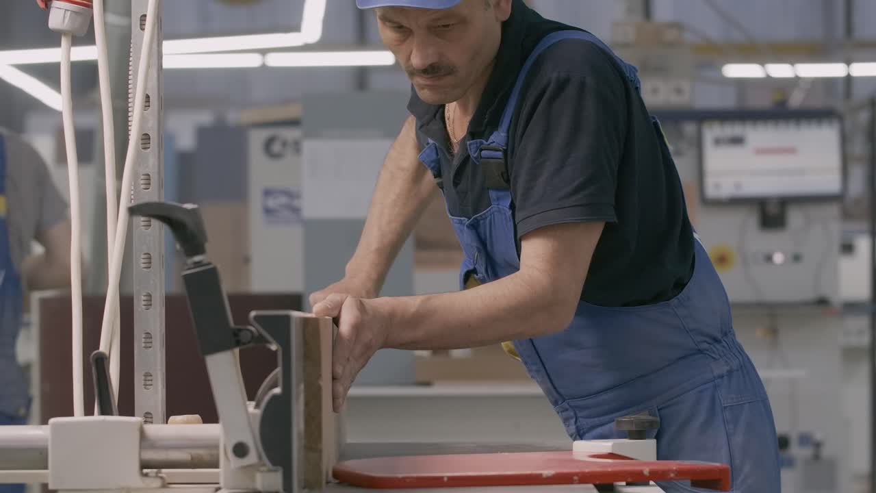 Operaio che usa una pialla per legno in una fabbrica