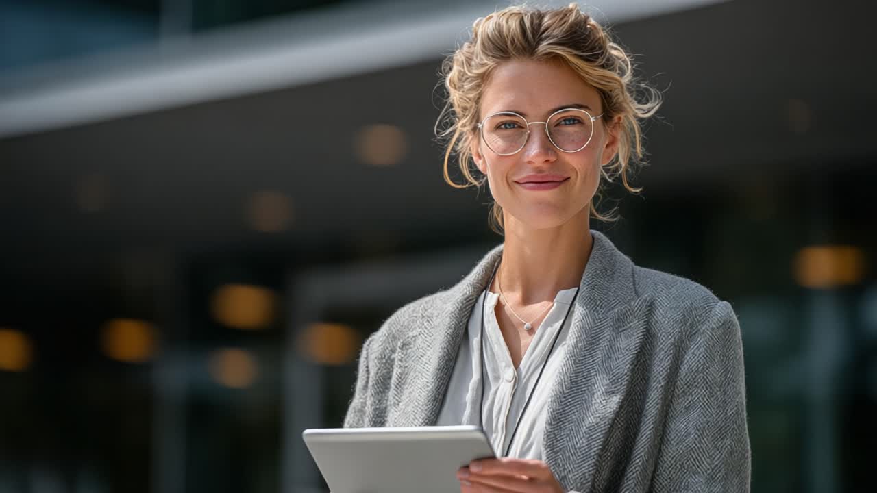 Mulher de negócios confiante usando tablet ao ar livre: capturando o profissionalismo moderno em ambientes urbanos com uma mulher sorridente em trajes elegantes interagindo com tecnologia digital